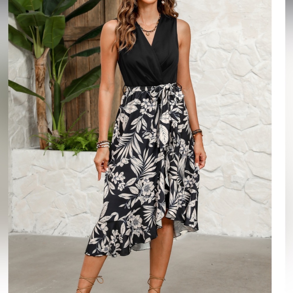 Women’s Sleeveless V-Neck Asymmetrical Ruffle Midi Dress